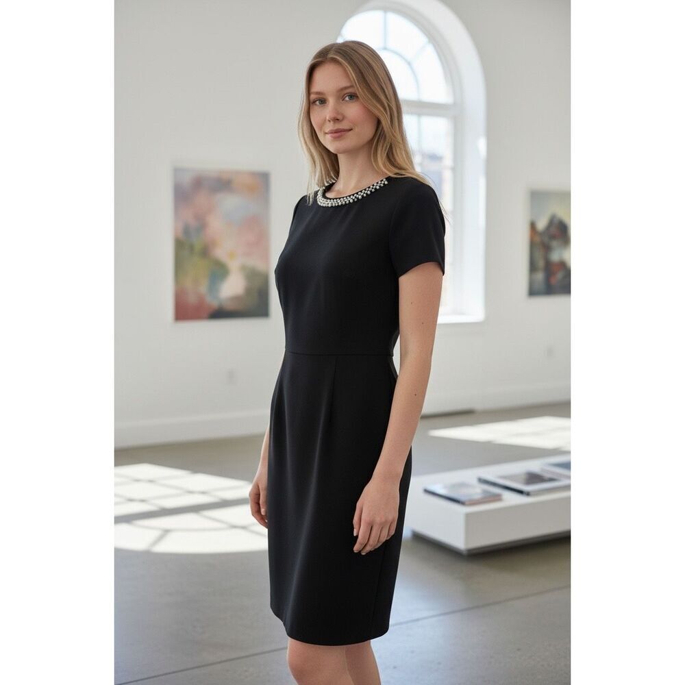 Kensie dress with pearl embroidered neckline detail in black, Short sleeve